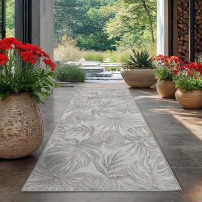 Abbildung von Carpetsale24 Outdoor Teppich Grau 80x250 cm Läufer, Wetterfest &amp; UV beständig, ideal für Küche, Balkon, Terrasse auch Wohnzimmer und Esszimmer, Palmblätter Design, Leicht zu Reinigen