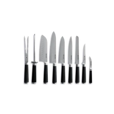 Abbildung von HENDI Messerset 9 teilig Edelstahl inkl. Tragetasche mit Schälmesser+ Kochmesser + Santoku Messer Messerschärfer Fleischgabel, Gastro