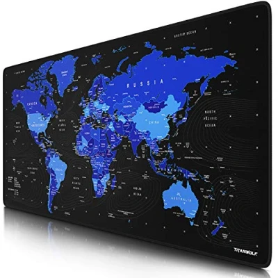 Abbildung von Titanwolf XXL Gaming Mauspad 900x400 mm Tischunterlage mousepad groß Präzision und Geschwindigkeit Gummiunterseite rutschfest strapazierfähig wasserabweisend Weltkarte schwarz blau