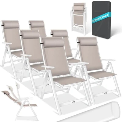 Abbildung von KESSER® Gartenstuhl Hochlehner mit Armlehnen 6er Set Aluminium Klappstuhl Kopfkissen &amp; Cover Campingstuhl 7 Fach Verstellbar Rückenlehne Atmungsaktiv Wetterfest Klappbar Anti Rutsch Taupe