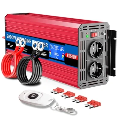 Abbildung von ETREPOW 2500w Spannungswandler 12v Auf 230v Reiner Sinus Wechselrichter mit 2 EU Steckdose und Einer 2,1A USB,Drahtlose Fernsteuerung,LCD Bildschirm Spitzenleistung 5000w Kfz Konverter …