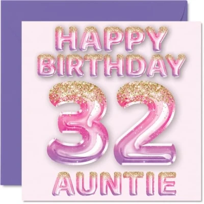 Abbildung von Stuff4 Geburtstagskarte zum 32. Geburtstag für Tante rosa &amp; lila Glitzerballons Happy Birthday Karten 32 Jahre alte von Neffe Nichte, 145 mm x
