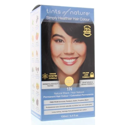 Abbildung von Tints of Nature 1N Natural Black Permanent Hair Dye, Natürliches Schwarz Permanente Haarfarbe, pflegt das Haar und deckt Grau ab, ammoniakfrei, 130ml