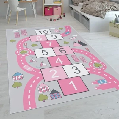 Abbildung von Paco Home Kinderteppich Teppich Kinderzimmer Spielteppich Junge Mädchen Modern rutschfest, Grösse:80x150 cm, Farbe:Pink 2