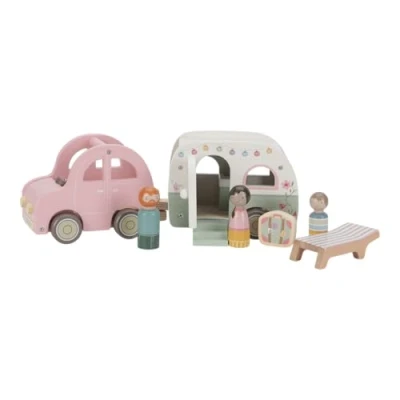 Abbildung von Little Dutch 8022 FSC Holz Auto mit Wohnwagen, Spielfiguren und Zubehör 10 teiliges Set rosa