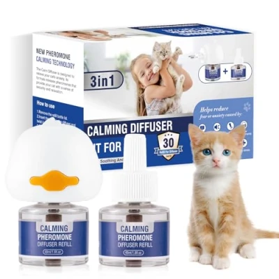 Abbildung von Pheromone Katzen Beruhigung Steckdose 3 In 1 FüR Cat Calming Diffuser Katze Anti Stress Beruhigendes Beruhigungsmittel Diffusor Set Geschmacklos（1 StöPsel + 2 NachfüLlpackungen à 48 Ml）