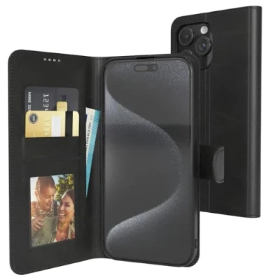Abbildung von EAZY Case Klapphülle für iPhone 15 Pro Max Hülle klappbar Kameraschutz Schutzhülle magnetisch Flip Ständer Kunstleder Klapptasche Kartenfach Sichtfenster Foto Premium Handyhülle Schwarz
