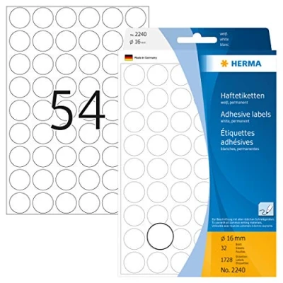 Abbildung von HERMA 2240 Punktaufkleber Klebepunkte weiß, 1728 Stück, Ø 16 mm, 54 pro Bogen, selbstklebend, Markierungspunkte für Kalender Planer Basteln, matt, blanko Papier Farbpunkte Aufkleber