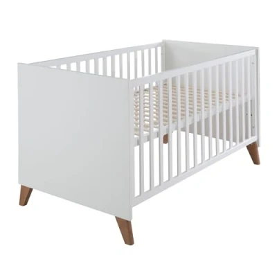 Abbildung von roba Babybett Ole 70 x 140 cm Mitwachsendes Gitterbett mit Füßen aus Massivholz Höhenverstellbar Umbaubar zum Juniorbett Holz weiß lackiert