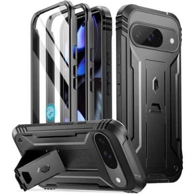 Abbildung von Poetic Revolution Hülle für Google Pixel 9/9 Pro 5G, integrierter Displayschutz, funktioniert mit Fingerabdruck ID, Ganzkörper Schutzhülle in Militärqualität, robust, stoßfest, Ständer, Schwarz