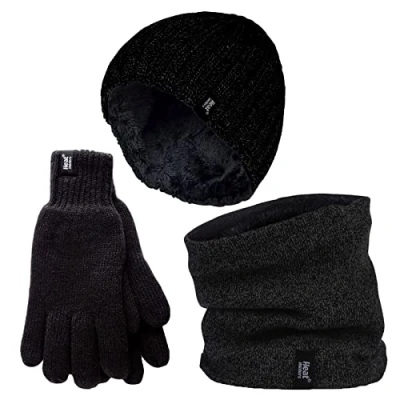 Abbildung von HEAT HOLDERS Herren Halswärmer Mütze Handschuhe Set Winddicht Warm Gestrickt Fleece Thermo Winter (L XL, Schwarz)