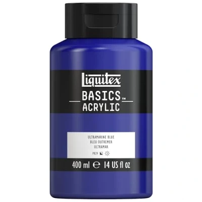 Abbildung von Liquitex 8870325 Basics Acrylfarbe, monopigmentierte Künstlerpigmente, lichtecht, mittlere Viskosität, Archivqualität, seidenglänzender Finish, 400ml Flasche Ultramarinblau