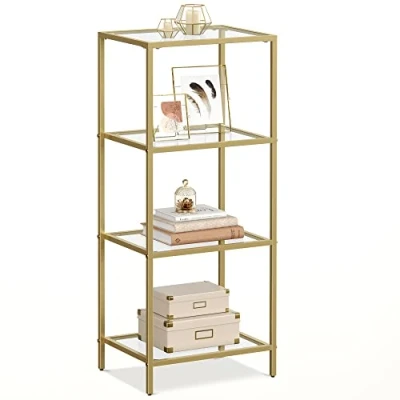 Abbildung von VASAGLE Regal mit 4 Ablagen, Badregal, gehärtetes Glas, einfache Montage, für Badezimmer, Wohnzimmer, Küche, Büro, transparent metallisches Gold LGT28G