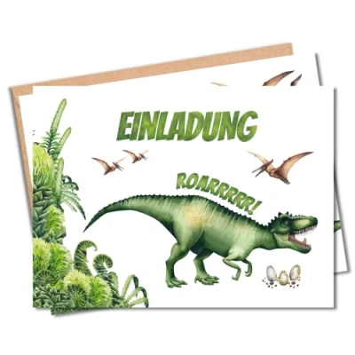 Abbildung von MeinBaby123® 10 Einladungskarten Kindergeburtstag Jungs süße Geburtstagseinladungen für Kinder Dinosaurier inkl. Briefumschläge Premium Qualität (Dino V3)