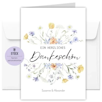 Abbildung von 10 personalisierte Dankeskarten inkl. Umschläge für Hochzeit, Taufe, Geburtstag, Baby, Kommunion, Jugendweihe Karten Danke Klappkarte DIN A6 (Wildblumen personalisiert Stück)