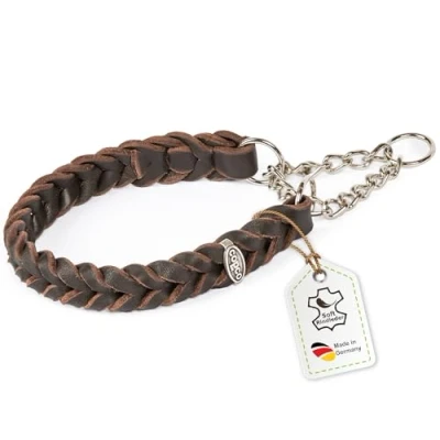 Abbildung von CopcoPet Hunde Halsband Fettleder geflochten mit verchromter Zugstopp Kette, Leder, Geflochten, Handarbeit