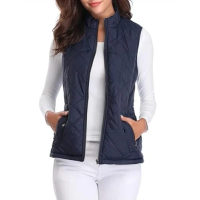 Abbildung von fuinloth Damen Weste, Leichte Steppweste Westen mit Reißverschluss Stehkragen Ärmellos Jacke Dunkel Blau L