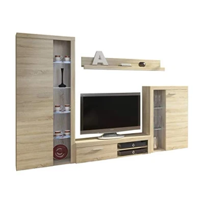 Abbildung von Wohnwand Rango, Design Wohnzimmer Set, Modernes Anbauwand, Schrankwand, Vitrine, TV Lowboard, Mediawand, (mit Beleuchtung, Sonoma Eiche)