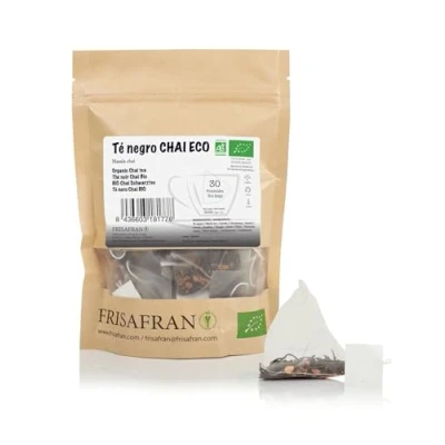 Abbildung von FRISAFRAN Chai Schwarztee in Bio Pyramide 30uds 60g schwarzer Tee Taschen Antioxidans und natürlicher Energiespender entkoffeinierter Entgiftung ohne Zusatzstoffe Gewürztee