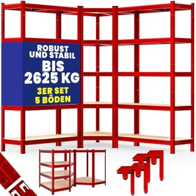 Abbildung von Monzana® 3er Set Schwerlastregal Eckregal 2625 kg 15 MDF Platten Regal Lagerregal Kellerregal Steckregal Werkstattregal Regalsystem Rot