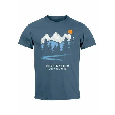 Abbildung von Neverless Berge Wandern Adventure Outdoor Minimalistischer Front Retro Fashion Streetstyle Tshirt print, Herren, Größe: XL, Denim blue