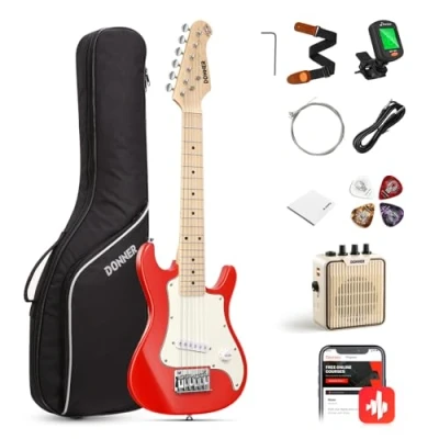 Abbildung von Donner E Gitarre Set Anfänger Junior Kit ST Stil 30 Zoll Mini Gitarren Premium Bundle mit Verstärker, Stimmgerät, Kapodaster, Tasche, Gurt, Saite, Kabel (DSJ 100, Rot)
