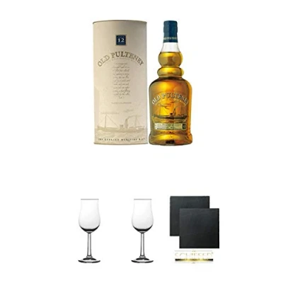 Abbildung von Old Pulteney 12 Jahre Single Malt Whisky 0,7 Liter + 2 Bugatti Nosing Gläser mit Eichstrich 2cl und 4cl Schiefer Glasuntersetzer eckig ca. 9,5 cm Ø