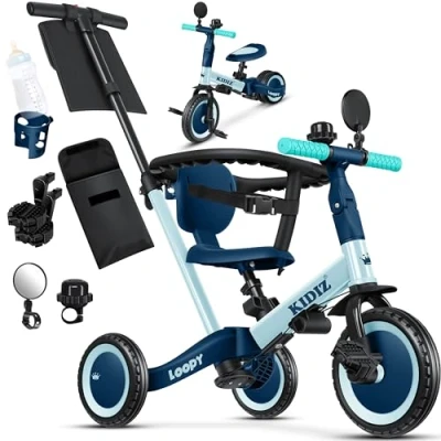 Abbildung von Kidiz® 6in1 Laufrad Dreirad Laufräder Lauffahrrad Kinderdreirad ab 1 Jahr bis 5 Jahre Lauflernhilfe belastbar 25Kg inkl. Lenkstange Sicherheitsbügel Sicherheitsgurt Klingel &amp; Spiegel Blau