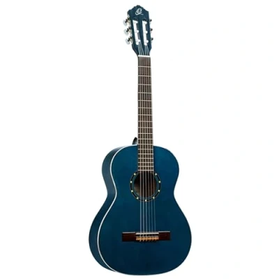 Abbildung von Ortega Guitars Family Series Konzertgitarre ¾ Gitarre für Kinder Fichte und Mahagoni mit Hochglanz Finish, Ocean Blue Inklusive Gigbag (R121 3/4OC)