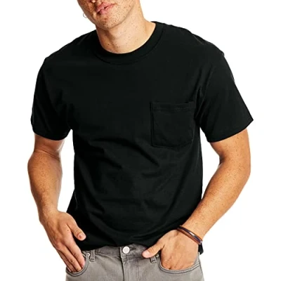 Abbildung von Hanes Herren Heavyweight Pocket T Shirt, Beefy Full Cut Cotton Tee für Männer, Crewneck Shirt 1er oder 2er Pack, Schwarz 1 Packung, Mittel