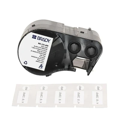 Abbildung von Brady Nylongewebe Vorgefertigte Etiketten für Etikettendrucker BMP51/BMP53/M511 240 Klebeetiketten Schwarz auf Weiß (25,40 mm (B) x 12,70 (H) 9,53 (∅)) M5 120 499