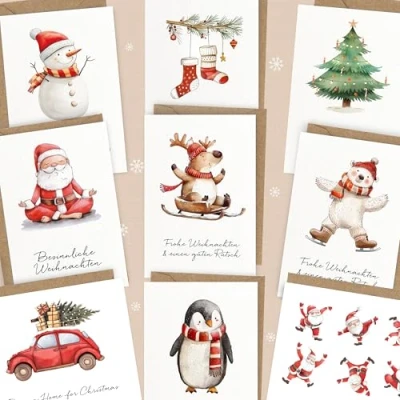 Abbildung von LOViLEE® 10x Weihnachtskarten inkl. extra Umschläge &amp; Sticker im Geschenkset hochwertige Klappkarten zu Weihnachten mit Umschlag Set in premium Qualität Classic Aquarell