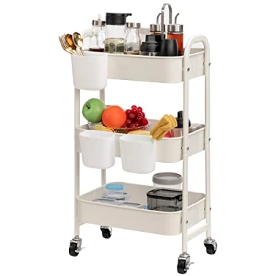 Abbildung von DOEWORKS Aufbewahrungswagen Küchenwagen 3 Etagen Metall Utility Cart, Rollwagen Organizer Wagen mit Rädern für Küche Make up Badezimmer Büro, Weiß Tassen