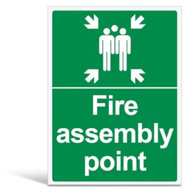 Abbildung von VSafety englische Schild „Fire Assembly Point“ mit Familienaufdruck, Querformat, 300 x 400 mm, 1 mm starrer Kunststoff