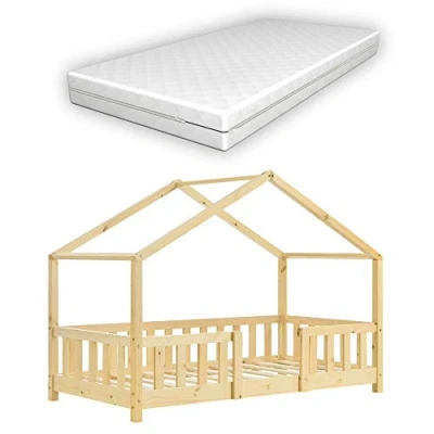 Abbildung von [en.casa] Kinderbett Treviolo mit Matratze 70x140cm Hausbett Holzbett für Kinder Rausfallschutz Bettgestell Lattenrost Spielbett Kiefernholz Holz Natur