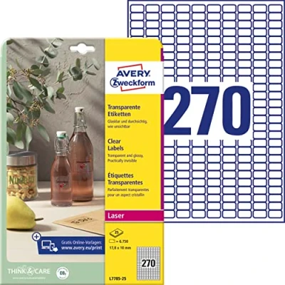 Abbildung von AVERY Zweckform L7785 25 transparente Etiketten (6750 Klebeetiketten, 17,8x10 mm auf A4, Aufkleber zum Bedrucken, selbstklebend, wetterfest, Beschriftungen/Produktaufkleber) Blatt, durchsichtig