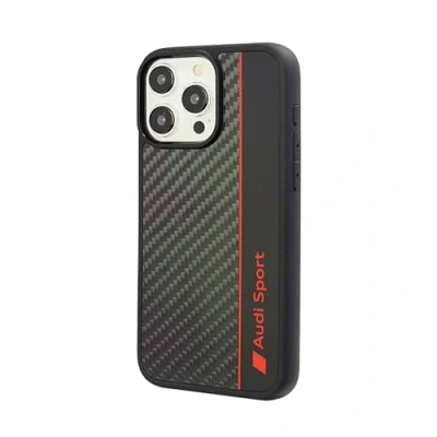 Abbildung von Audi Sport Handyhülle Kompatibel mit iPhone 15 Pro Max Stoßabsorbierende Hülle Carbon präzisen Aussparungen für Kamera, Anschlüssen &amp; Tasten Schwarz roten Details