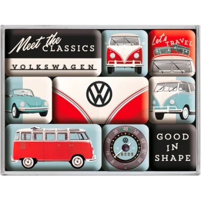 Abbildung von Nostalgic Art Retro Kühlschrank Magnete, 9 Stück, VW Meet The Classics Volkswagen Bus Geschenk Idee, Magnetset für Magnettafel, Vintage Design