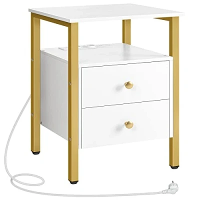 Abbildung von HOOBRO Nachttisch mit Ladestation, Beistelltisch, Sofatisch 2 Schubladen, Couchtisch USB Anschlüssen für Wohnzimmer, Schlafzimmer, Modern, 40 x 61 cm, Weiß und Gold EDW43CBZ01G2