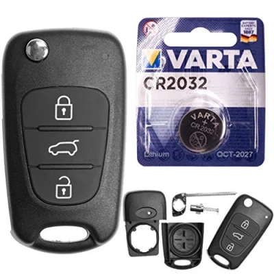Abbildung von mt key Auto Klapp Schlüssel Ersatz Gehäuse 3 Tasten + Rohling VARTA CR2032 Knopfzelle, (3 V), für Hyundai i20 PB i30 FD Elantra ix20 JC Funk Fernbedienung