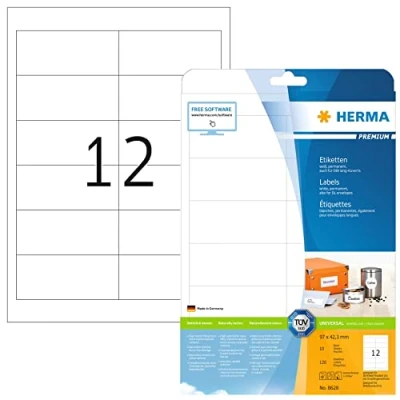 Abbildung von HERMA 8628 Universal Etiketten, 10 Blatt, 97 x 42,3 mm, 12 pro A4 Bogen, 120 Stück, selbstklebend, bedruckbar, matt, blanko Papier Klebeetiketten Aufkleber, weiß