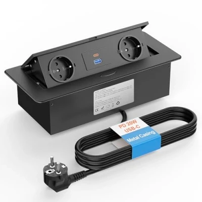 Abbildung von Aluminium Versenkbare Steckdosenleiste, Ohuo 2 Fach Versenkbar Steckdosenleiste mit USB C 20W, Tischplatte Versenkte Steckdose USB, 1,8M Kabel