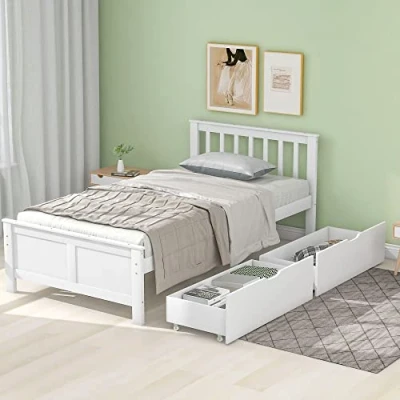 Abbildung von ModernLuxe Bett 90 x 200cm/140 200cm mit Schubladen, Einzelbett/Doppelbett Lattenrost und Kopfteil Bettgestell Holzbett Jugendbett Massivholz (90 x200 cm)