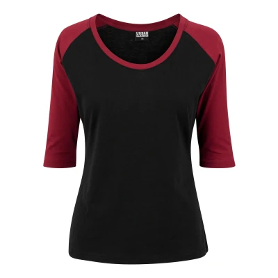 Abbildung von Urban Classics Ladies 3/4 Contrast Raglan TEE Tshirt print, Damen, Größe: Medium, Black/burgundy