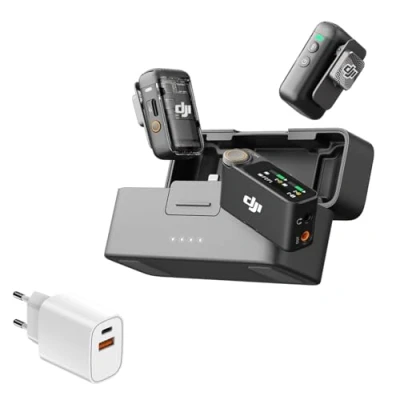 Abbildung von DJI Mic 2 (2 Sender + 1 Empfänger Ladeschale), kabelloses Mikrofon für Kamera/Handy, Vlog, Streaming, Rauschunterdrückung, 48kHz Interne 32 Bit Float Aufnahme, 250m, mit 67W Ladegerät
