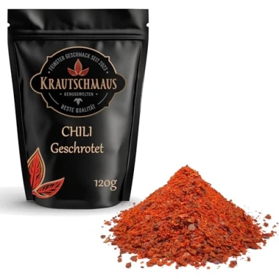 Abbildung von 120g Chili Flocken geschrotet von Krautschmaus, Chiliflocken scharf, ohne Zusatzstoffe, Chilli Gewürz, geschrotete Chilischoten, Chilliflocken, Premium Chiligewürz gehackt