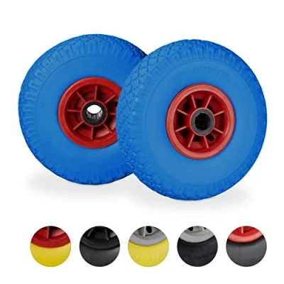 Abbildung von Relaxdays 10026070_959 Vollgummi Schubkarrenräder, Kunststofffelgen, bis 80 kg, blau rot, 25 mm ACHSE, 260 x 85 mm, 2er Set