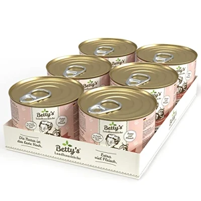 Abbildung von Betty&#039;s Landhausküche Dose Nassfutter Katze, getreidefrei, beste Qualität, hochwertiges Fleisch, schonend gegart, für alle Katzenrassen geeignet, Huhn und Lachs 6 x 200 g