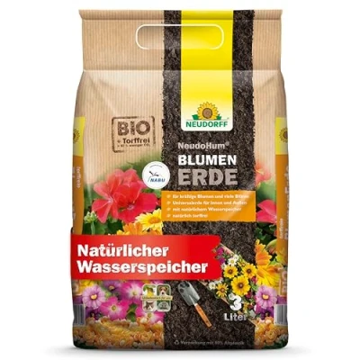Abbildung von Neudorff Blumenerde NeudoHum Bio 3 Liter, (Torffreie Erde, für Innen und Außen, Zimmerpflanzen 4 Wochen vorgedüngt), fördert kräftige Blumen viele Blüten