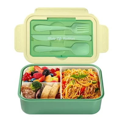 Abbildung von Diboniur Lunchbox Brotdose mit Besteck Erwachsene Kinder 1400 ml Bento Box Fächern Arbeit Mikrowellengeeignet (Grün)